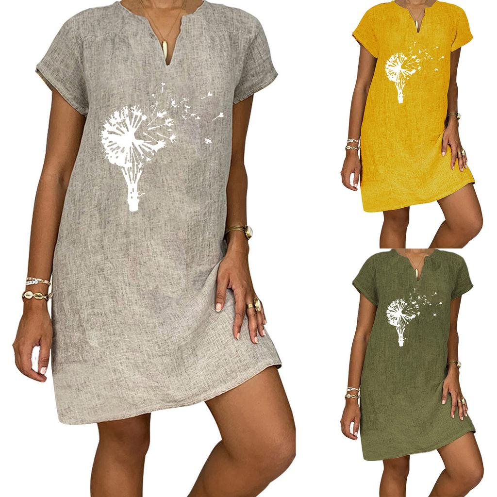 Women's Summer Casual Fashion Print Short-sleeve V-neck Loose Cotton Linen Dress