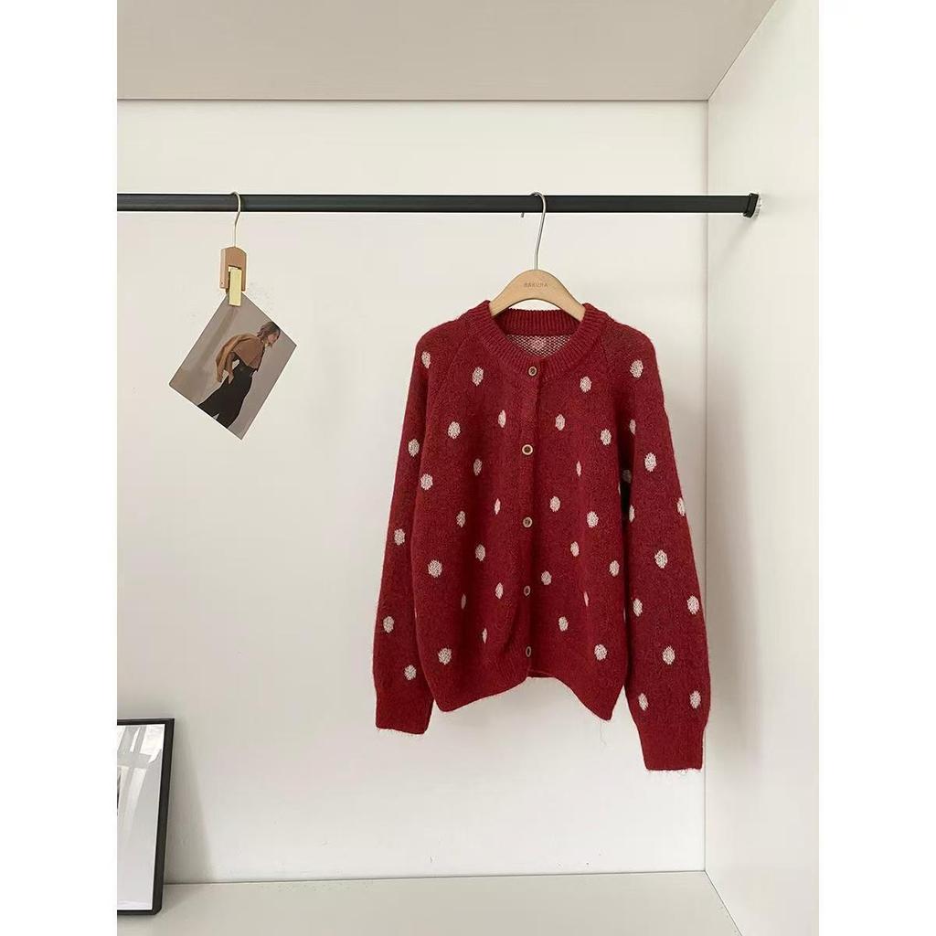 Korean Polka Dot Knit Cardigan: Women's Cozy Round Neck Sweater - 2025 Autumn/Winter Collection