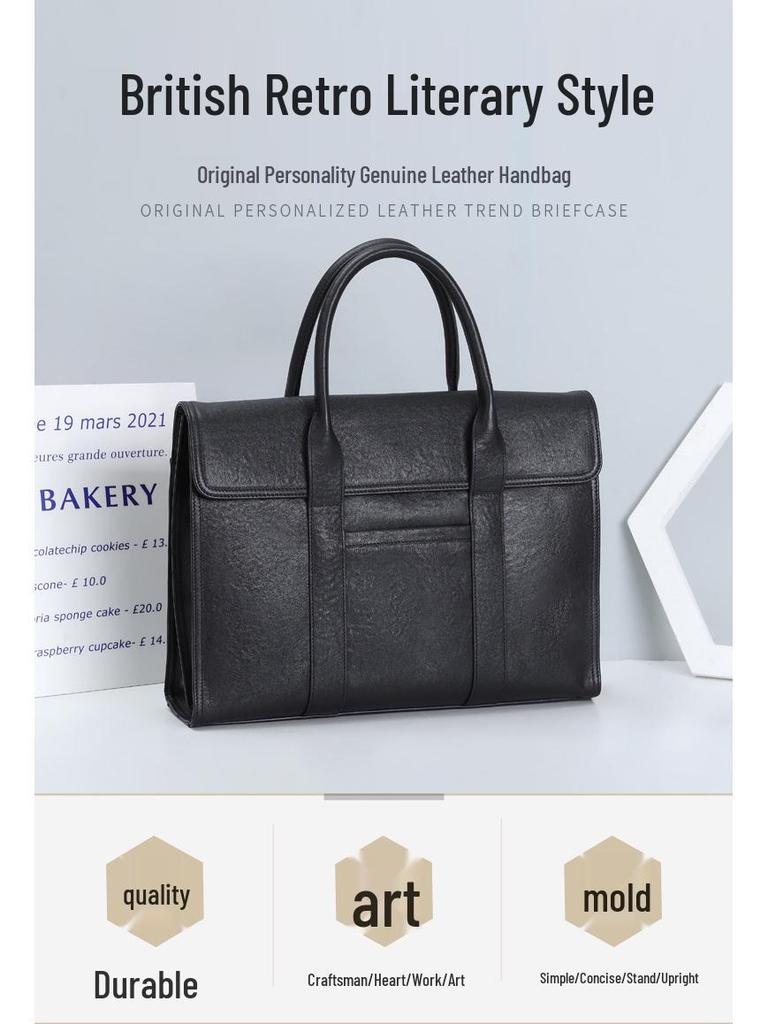 Men's Casual Genuine Leather Briefcase - Large Capacity, Expandable Business Handbag In Top Layer Cowhide.