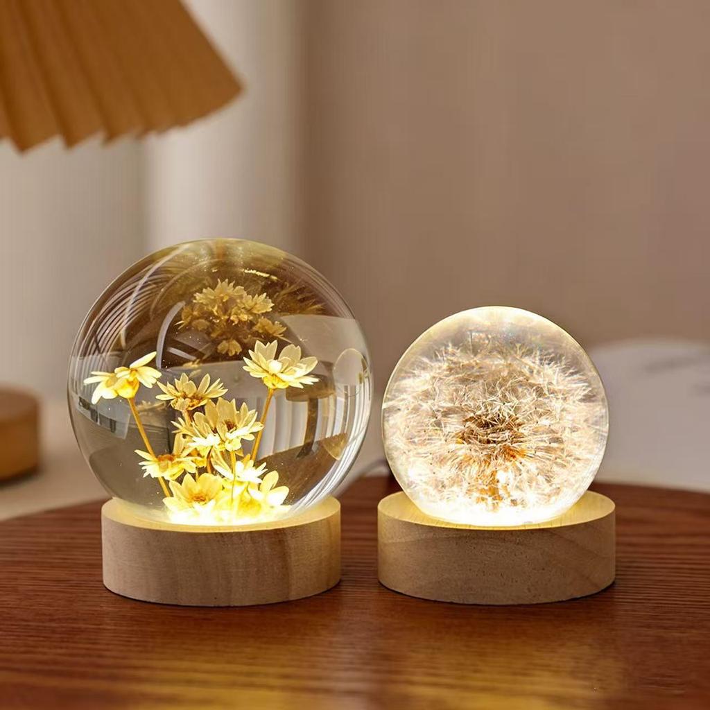 Dandelion Crystal Ball Night Light with Preserved Flower 3D Carving Luminous Resin Ornament.