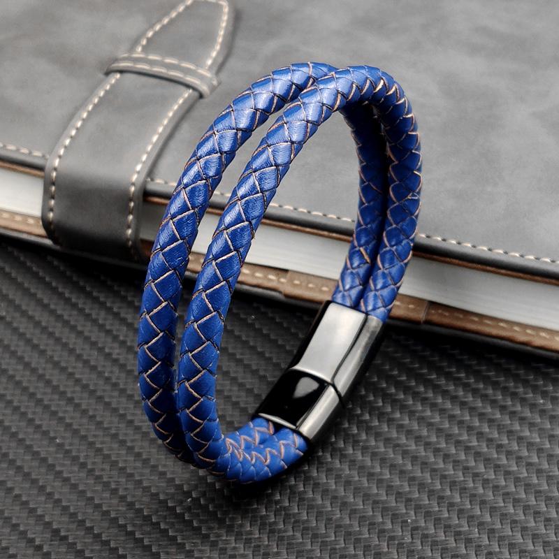 MingAo Trendy Male Cuff Bracelets Simple Retro Red Double Leather Rope Bangle with 316l Stainless Steel Magnet Clasp Men Jewelry