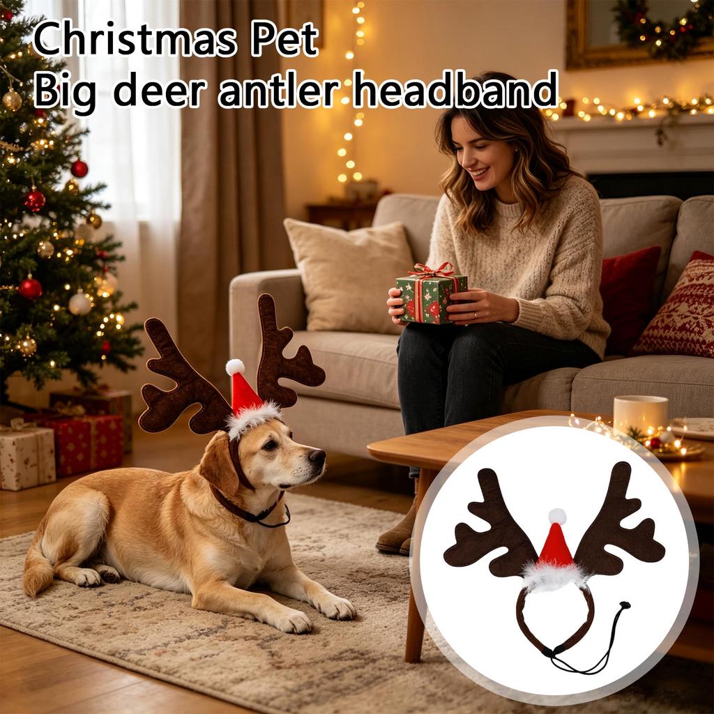 Pet Christmas Headband in Dark Brown with Red Hat for Dog and Holiday Costume Accessory