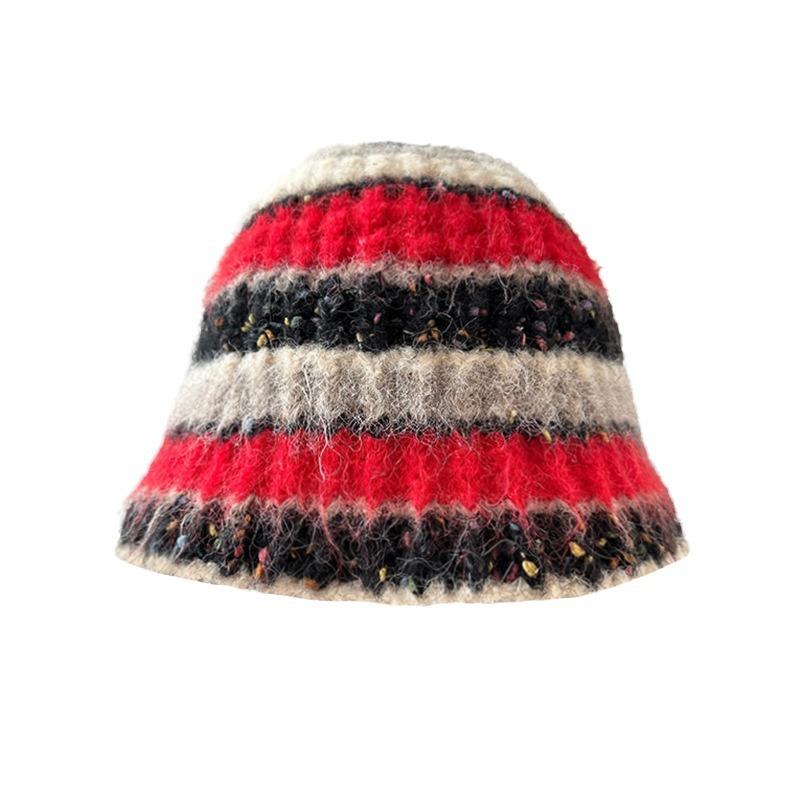 New Striped Basin Hat Winter Warm Knitted Plush Fisherman Hat Korean Style Versatile Wool Bucket Hat for Women