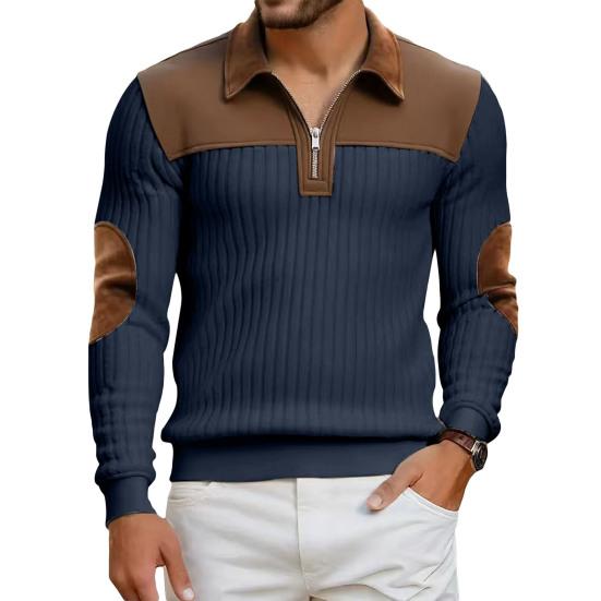 Herr Quarter Zip Tröja Långärmad Nedvikbar Krage Pullover Färgblock Jacquard Sweatshirt med Armbågslappar för Street Daglig Användning
