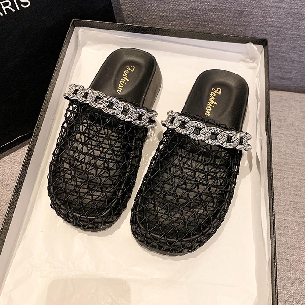 Retro Woven Fishing Net Sandals Women's Outdoor Summer New Diamond Thick Heel One-Strap Head Covering Half Slippers