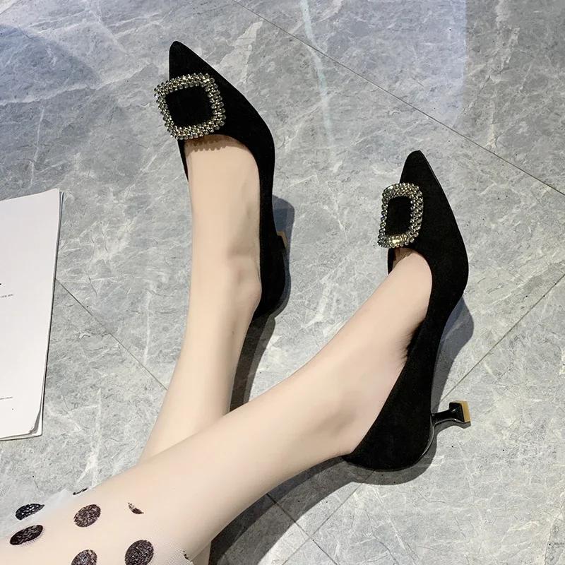 Fashion Women Mid Heeled Sandals Black Square Buckle Pointed Thin Heeled Baotou Banquet High Heeled Shoes Womens Shoes Tacones Mujer