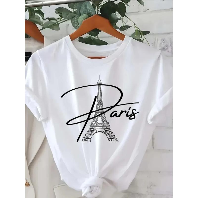 Paris Tower English Letter Print Pattern Women's Harajuku Short-Sleeve Oversized Y2K T-Shirt Casual Fashion Pure Cotton Apparel