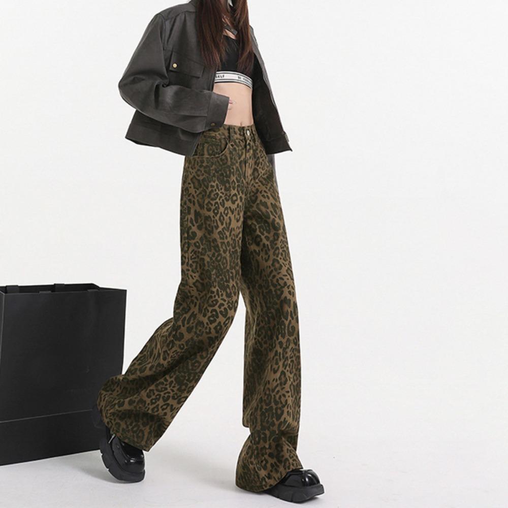 

Весенне-осенняя новая мода Американский ретро Spice Girls свободные широкие брюки нишевые повседневные широкие брюки джинсы 2XL цветной печати леопарда