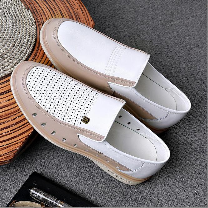 FashionWhite Leather Shoes for Men Soft Soled Commercial Light Colored Perforated Shoes Male Spring Summer Autumn New Designer Shoe