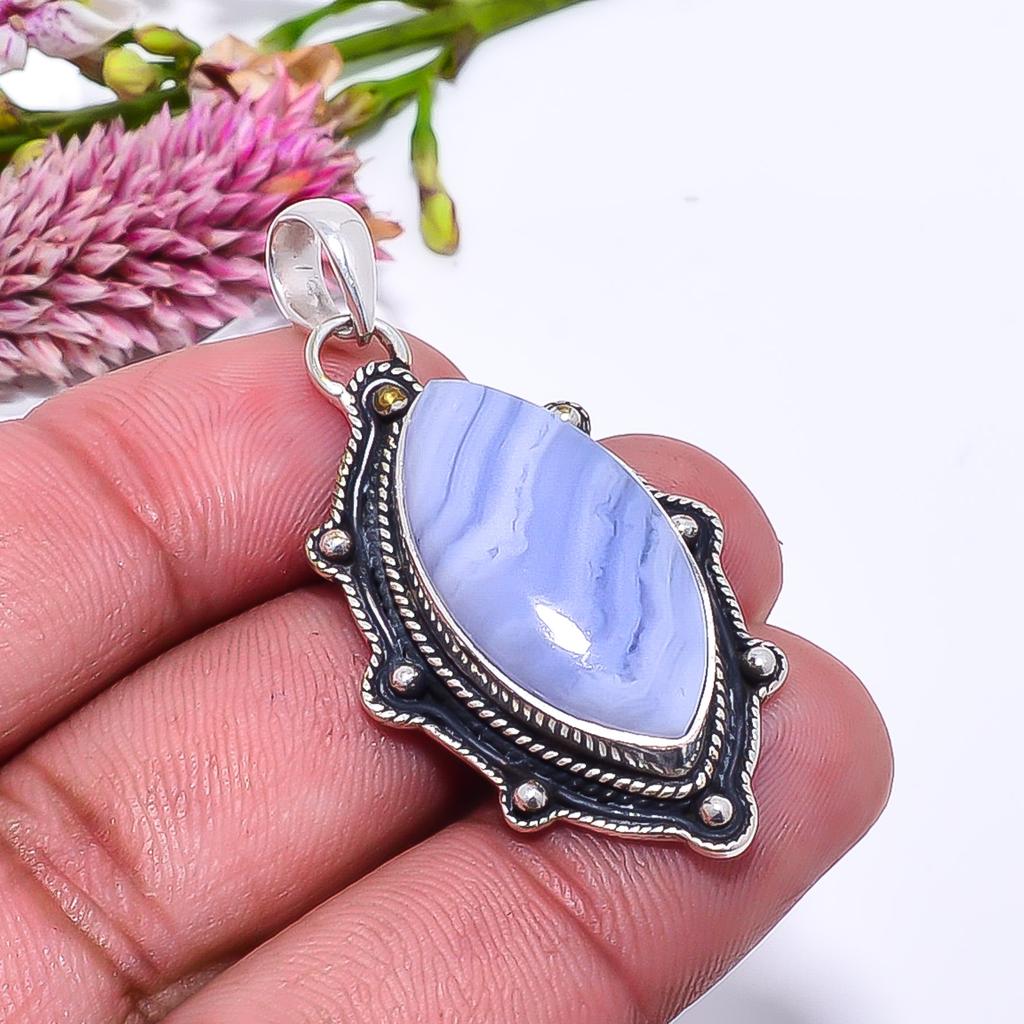Blue Lace Agate - Namibia 925 Sterling Silver Pendant V9048, Blue Pendant, Marquish Pendant, Valentin's Day Gift, Gift For Her, Birthday Gift, Handmad
