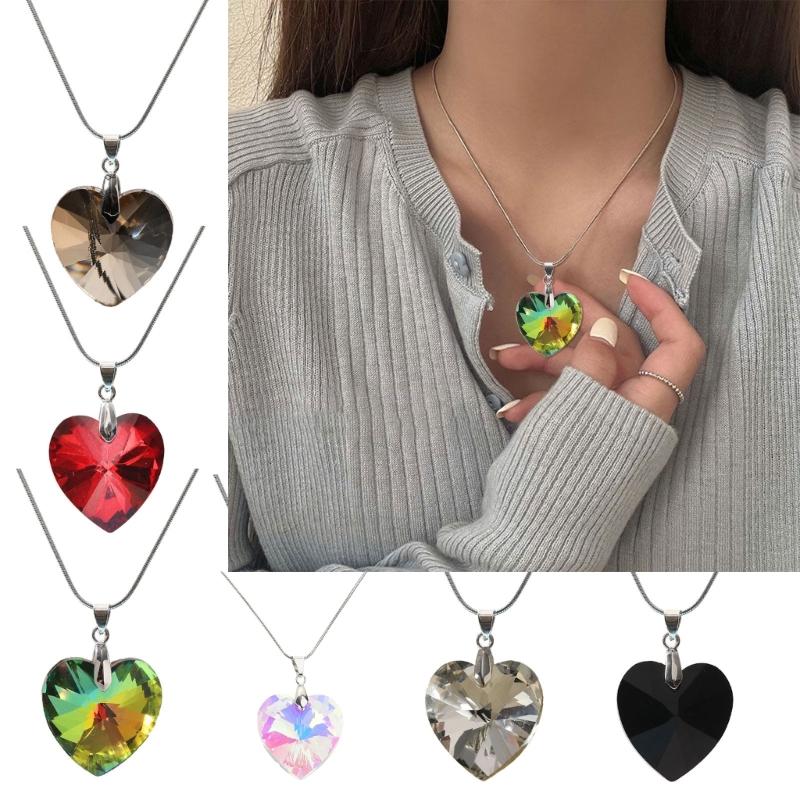 Glass Heart Pendant Necklace Simple Clavicle Chain Adjustable Collar Necklace Jewelry Stainless Steel Chain Necklace
