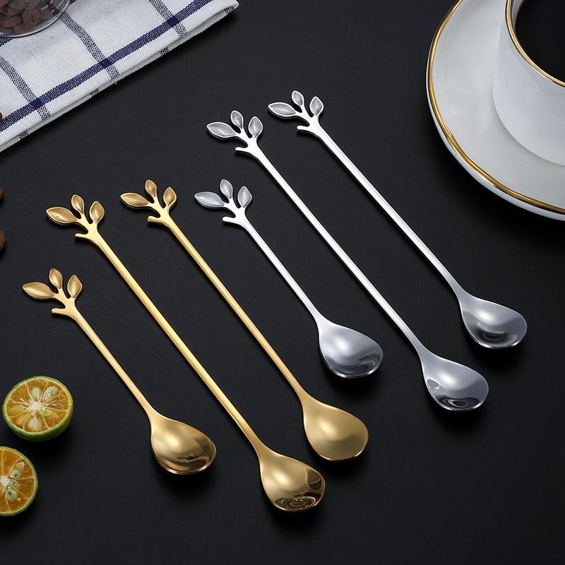 6PCS/Set Stainless Steel Gold Leaf Coffee Spoon 16.4cm Ice-Cream Tea Stirring Spoons for Tea, Coffee
