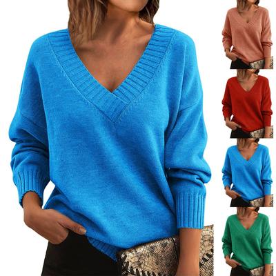 Women's Fashion Casual Color Sweater Set Head V Neck Warm Long-sleeved Sweater