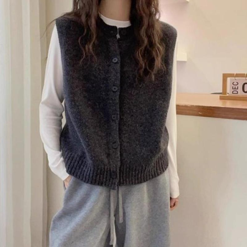 Dámská pletená vesta bez rukávů s kulatým výstřihem a jednořadým zapínáním, jarní podzimní, korejský styl, elegantní šedá vesta svrchní oděv
