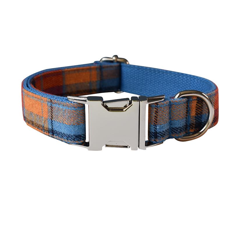 Blue Plaid Velvet Dog Collar and Leash with Alloy Buckle