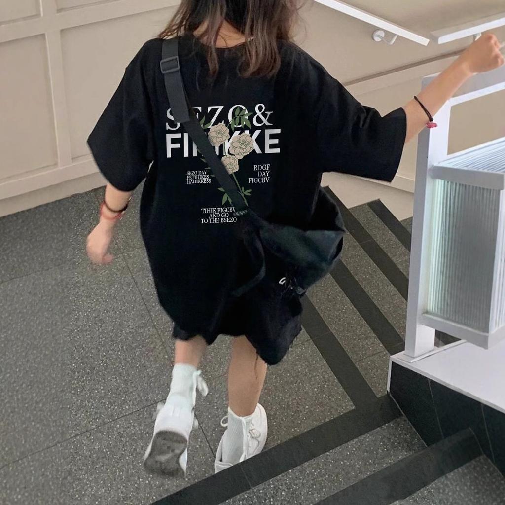 Ladies Summer Short Sleeve Round Collar Casual Letter Printed Teenager Oversize Cotton T Shirt Top