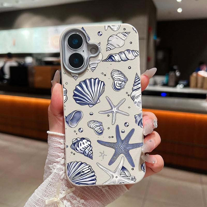 Starfish Printed Silicone Case For iPhone 16 Pro Max 14 15 Plus 13 12 Pro Max 11 Shockproof Leather Texture Soft TPU Phone Cover