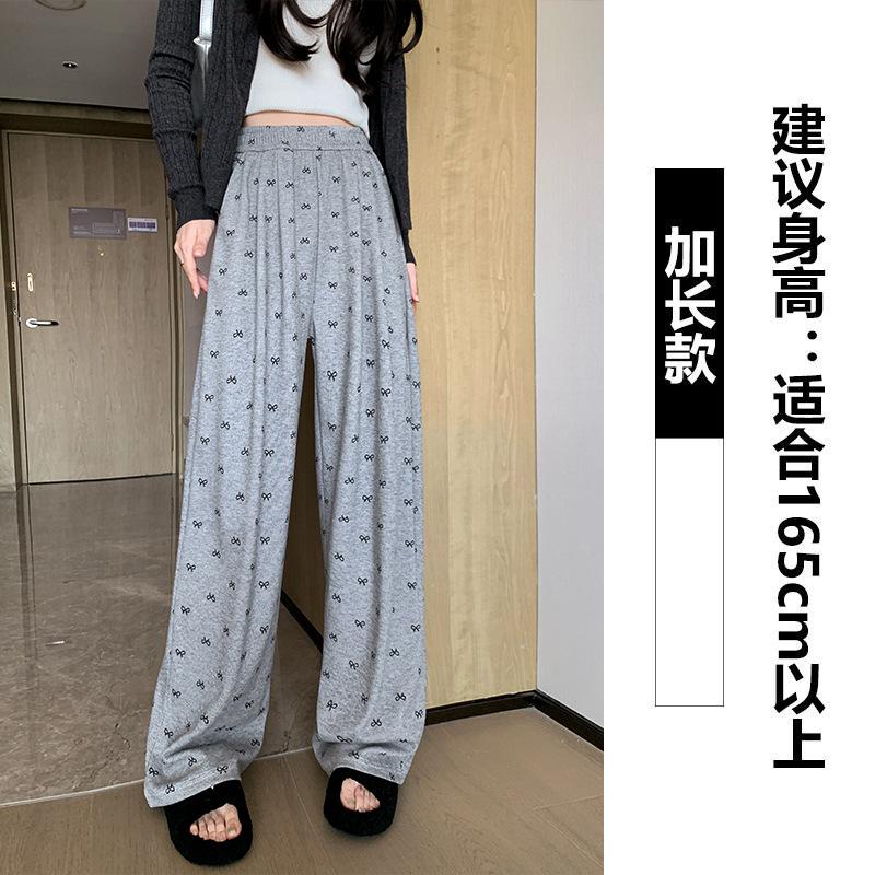 Grey Bow Sweatpants Women's Spring and Autumn New High-waisted Straight Lazy Wind Small Drape Wide-leg Pants