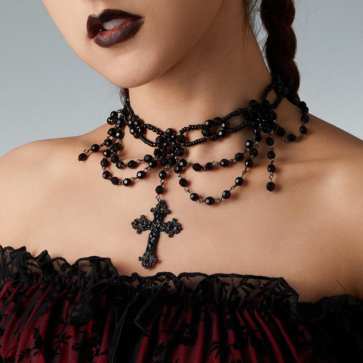 

SHIXIN Gothic Multilayer Black Crystal Beads Chain Choker Necklace Women Vintage Big Cross Pendant Necklace Halloween Jewelry