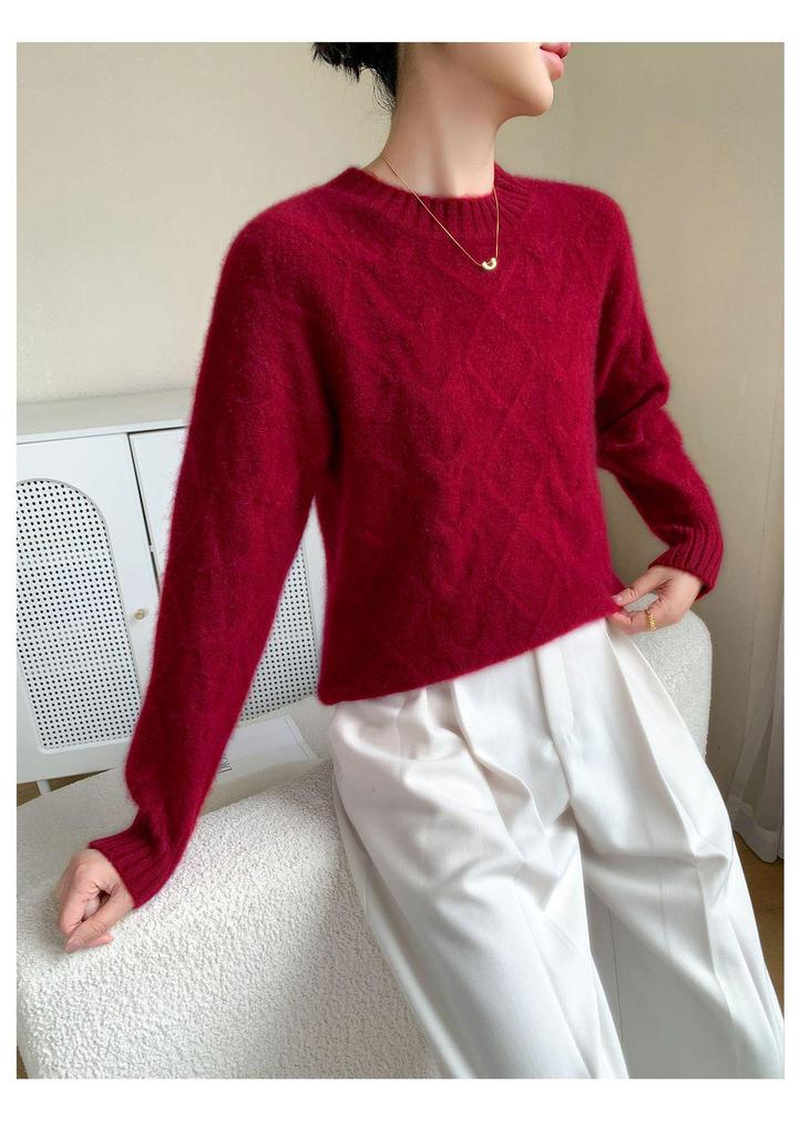 Women's Loose Fit Cashmere Sweater, Round Neck Diamond Cable Knit