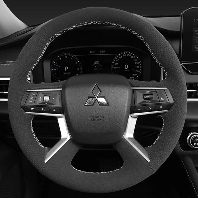 For Mitsubishi Outlander -2024 Hand-stitched black  Leather suede non-slip car Steering Wheel Cover