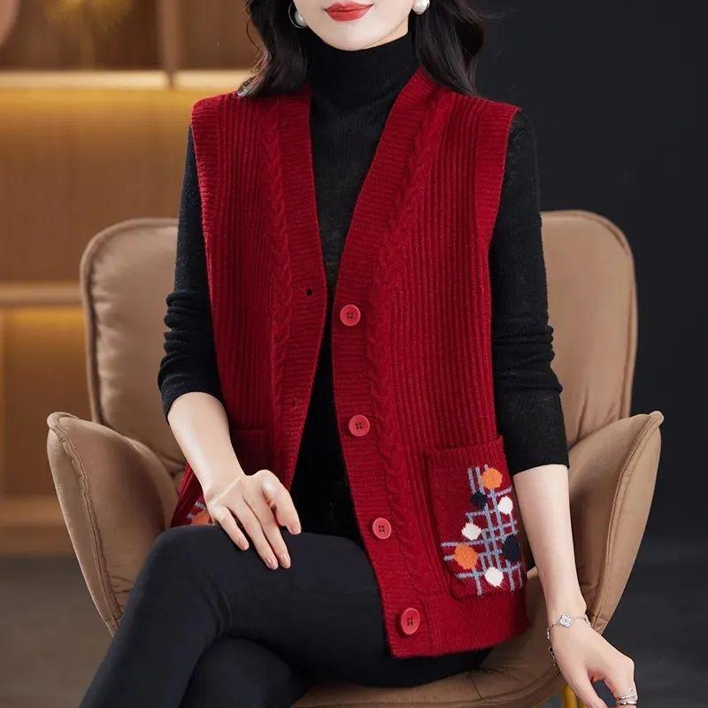 Spring and Autumn Mom's Sweater Sleeveless Needle Cardigan Women's Plus Size Loose Vest Sweater