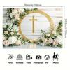 Elegant Floral Baptism and First Communion Background - Gold Ring and Cross Design with Pink Roses and Green Leaves