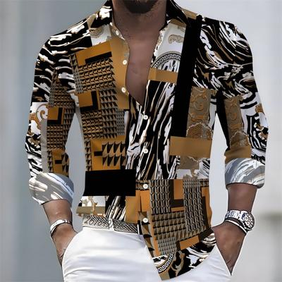 2026 Spring/Autumn New Men's Light Luxury Baroque Style Long-Sleeved Shirt with Color-Blocked Geometric Print Lapel Cardigan