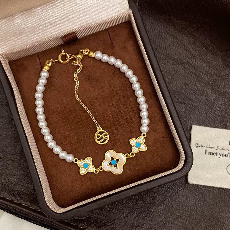 Niche Beaded Flower Bracelet, New Chinese Imitation Turquoise Pearl Exquisite Versatile Temperament Wrist Jewelry