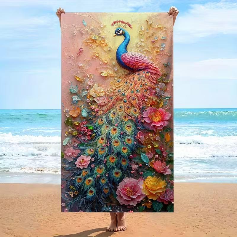 Luxurious Magical Peacock Beach Towel Large Soft Absorbent Towel Vibrant Peacock Glowing Golden Feathers Art Print Towel