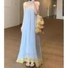 Beautiful Island Wear Holiday Style Blue Retro Lace Suspender Dress Women's Pleated Design Super Fairy Dress