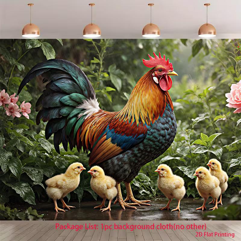 

2D Garden Backdrop Vibrant Rooster with Yellow Chicks and Green Foliage Background 47.2x31.5inch/120*80cm
