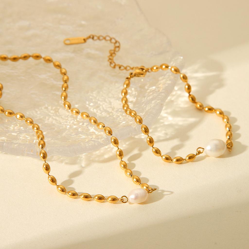 Custom Processing French Style Natural Freshwater Pearl Oval Gold Bead Necklace Stainless Steel Bracelet