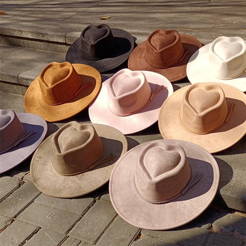 Red Love Suede Top Hat Wide Brim Fedora Hat Men Women Autumn Winter Felt Jazz Hats Classic Church Fedoras Chapeau Sombrero Mujer