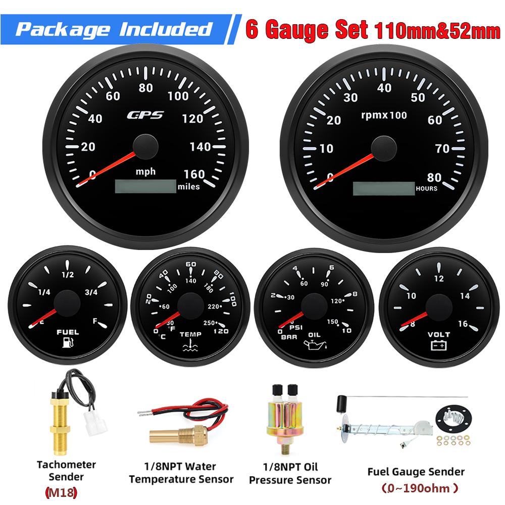 110mm GPS Speedometer 160MPH 0~8000rpm Tachometer Meter 7 Color 52mm Fuel Level Water Temp Oil Press Volt Sensor Kit 6 Gauge Set