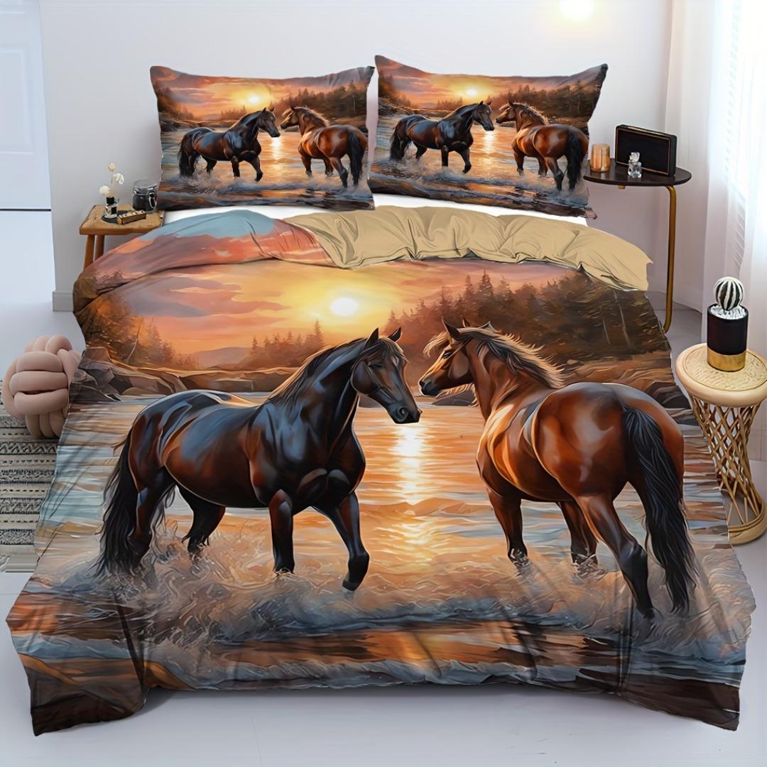 

3 шт. Постільна білизна з 3D-принтом «Кінь Степ на заході сонця» Затишний підодіяльник Розмір Кінг Квін Твін Подарунок на день народження Прикраса спальні EU Single 135x200cm