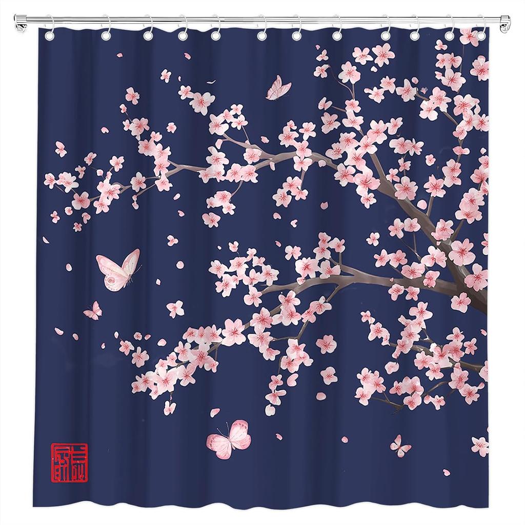 Cherry Blossom Shower Curtain Pink Plum Floral with Butterfly Flower Japanese Asian Watercolor Cute Branch Scenery Wildflower