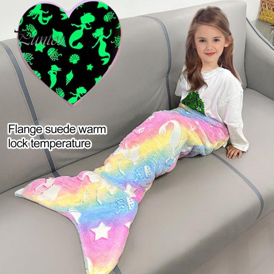 Breathable Mermaid Blanket Tail Wear Resistant Friendly To Skin All Seasons Luminous Design Plush Flannel Fleece Toddler Toy Kids