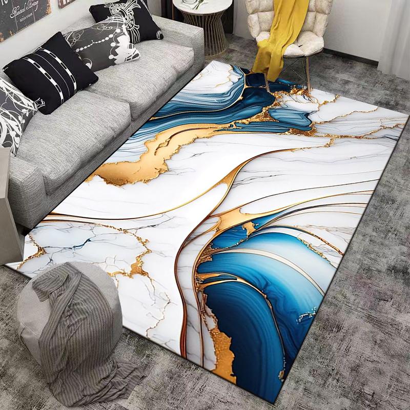 Marble Texture Carpet with Gold and Blue Abstract Art Design Suitable for Use As an Anti-slip for Living Room Bedroom Sofas