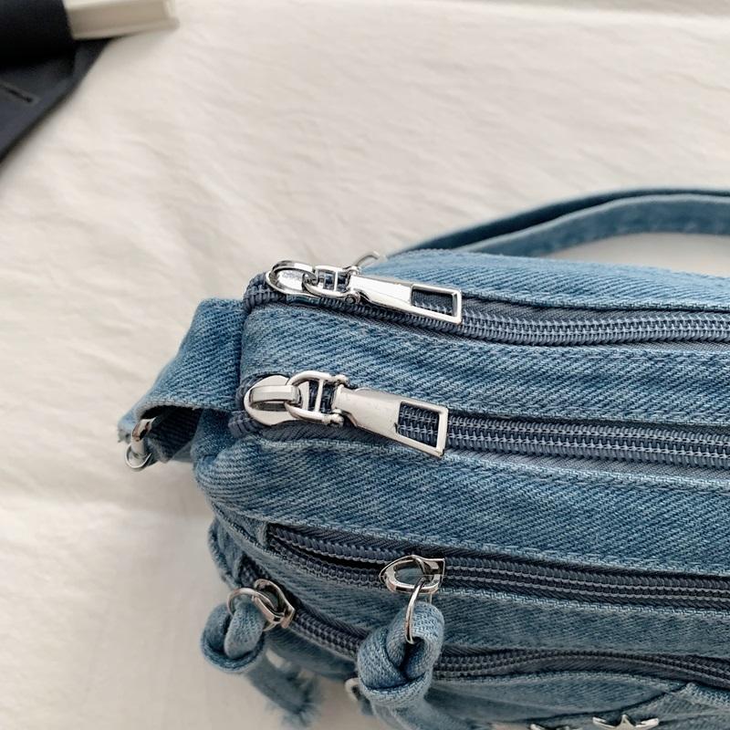 Washed Denim Crossbody Bag for Women Multi-Zipper Star Stud Casual Small Shoulder Purse