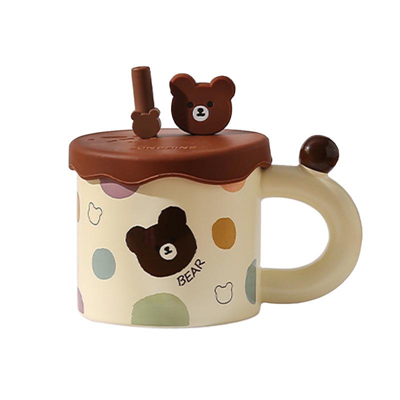 Cute Cartoon Bear Ceramic Mug With Lid Internet Celebrity Creative Design Straw Cup Household Drinking Cup Souvenir