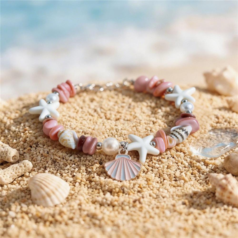 Holiday Charm Female Pink Green Purple Rainbow Stone Starfish Shell Adjustable Bracelet Silver Color Wedding Jewelry For Women