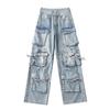 Autumn Street Style Multi-Pocket Splicing Jeans: European & American Casual Straight-Leg Trousers