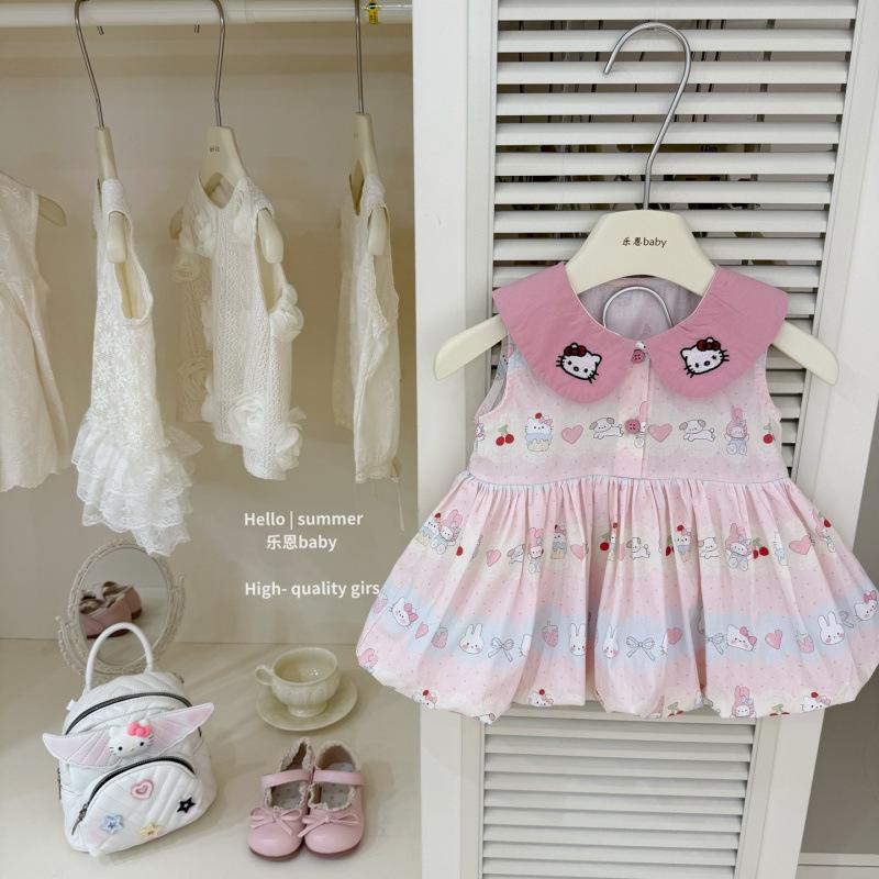 Girls Summer Pink Cartoon Bubble Dress Sweet Stylish Camisole Sundress 90