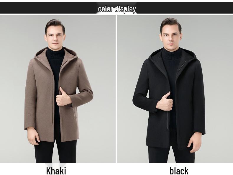 Brand Men's Korean-Style Wool Hooded Mid-Length Double-Faced Wool Down Coat Windbreaker
