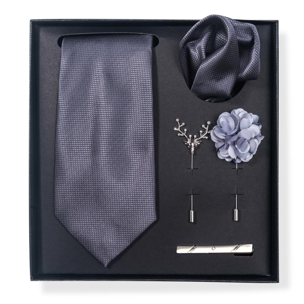 Tie Men'S Trend Net Color Striped Cashew Nut Tie 6-Piece Gift Box Square Scarf Tie Clip Corsage Set