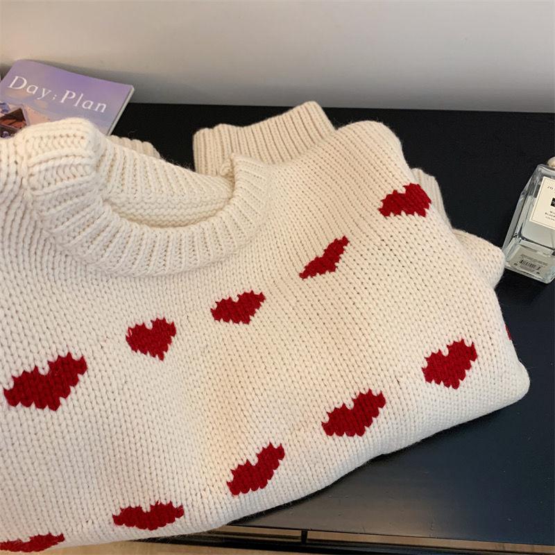 Women's Autumn & Winter Sweet Cute Heart Fashion Jacquard Sweater Lazy Loose Crew Neck Knit Top Short Style