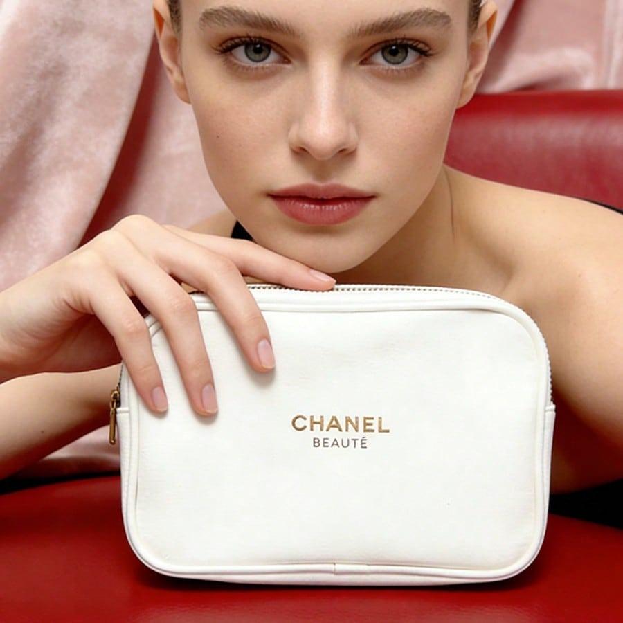Weiße CHANEL BEAUTÉ Rechteckige Schminktasche, Reißverschluss in Gold, Kosmetiktasche für Reisen, Luxusmarke Beauty-Accessoire