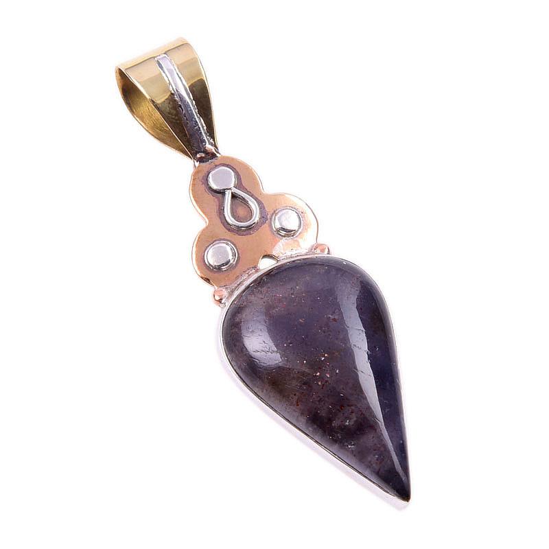 Natural Iolite Gemstone 925 Solid Sterling Silver Two Tone Pendant 1.75" e0j45