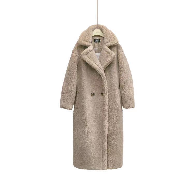 Neuer Herbst- und Winter-Island-Imitat-Kaschmir-Langmantel-Imitat-Pelzmantel Damen Schwarz Pfirsichpulver
